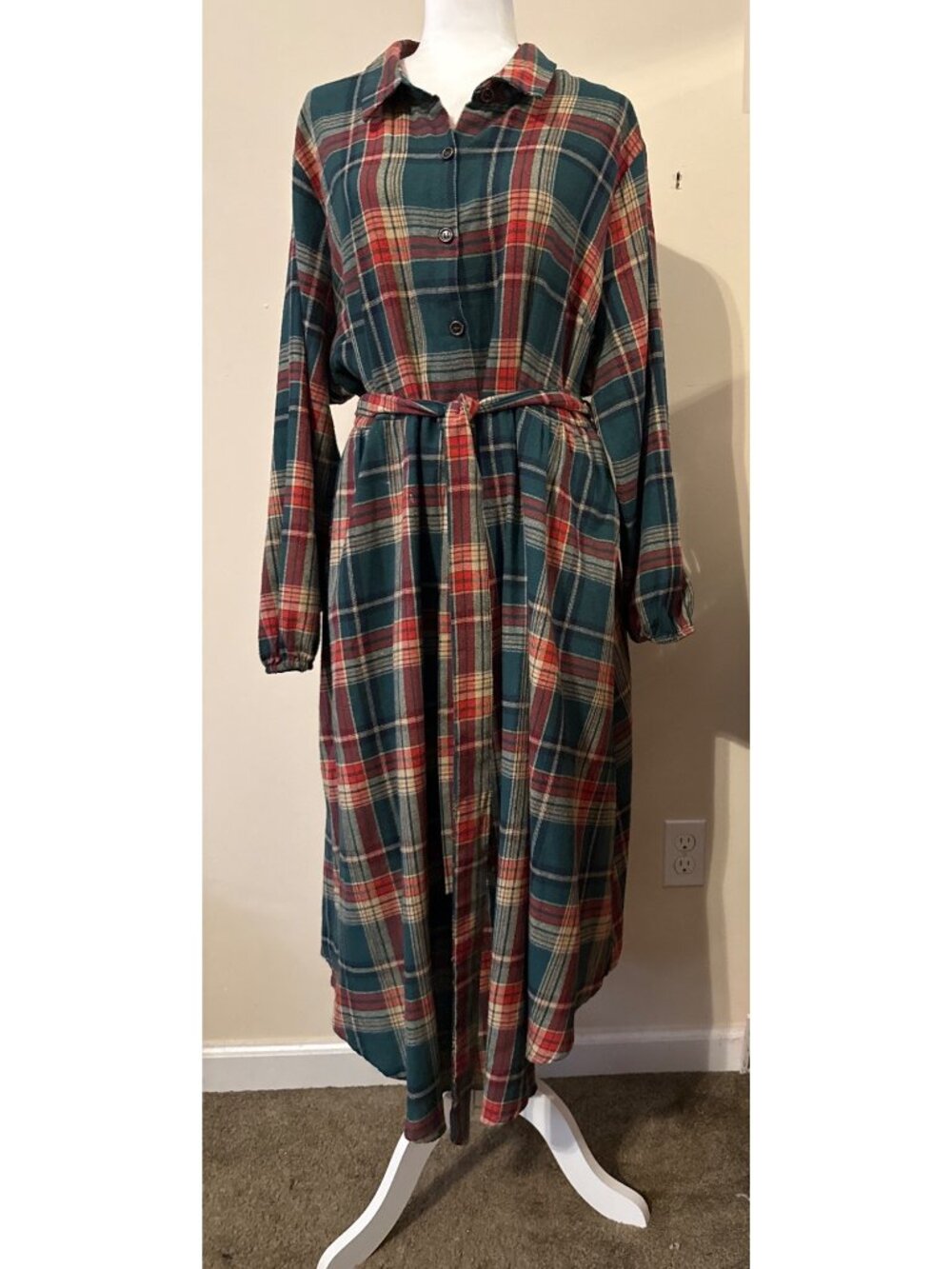 Women's Plaid Button Detail Pocket Belted Arc Hem Midi Fall Western Dress Sz 22-